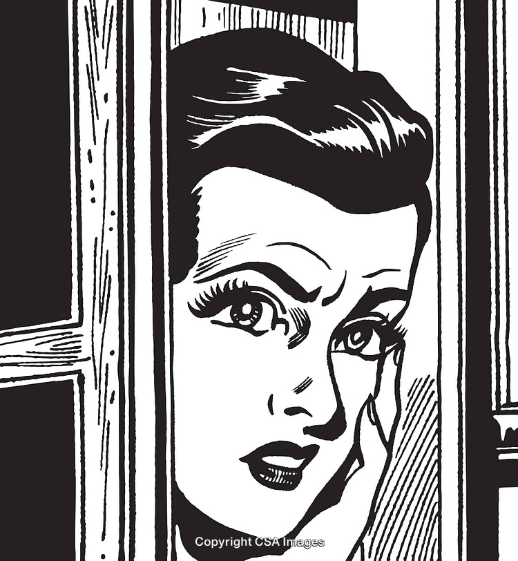 Black-And-White Comic Style Drawing of a Woman Peering Through a Window