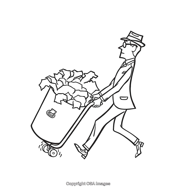 Black and White Line Art of Man Transporting Paper-Laden Wheelbarrow