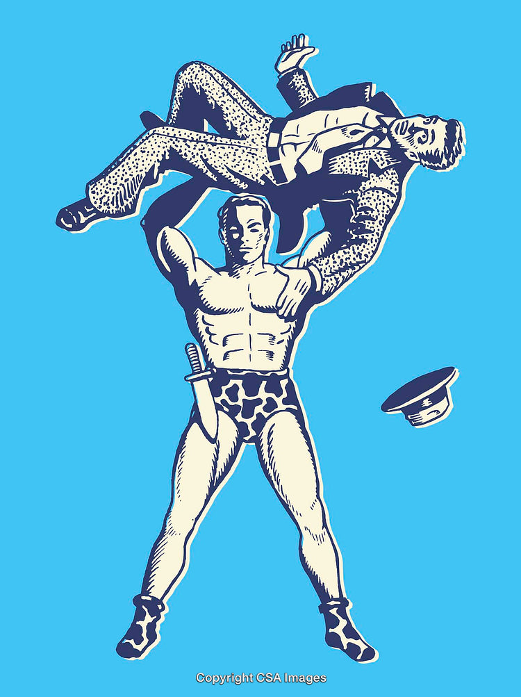 Comic Style Illustration of Strong Man Holding Another Figure on Blue Background