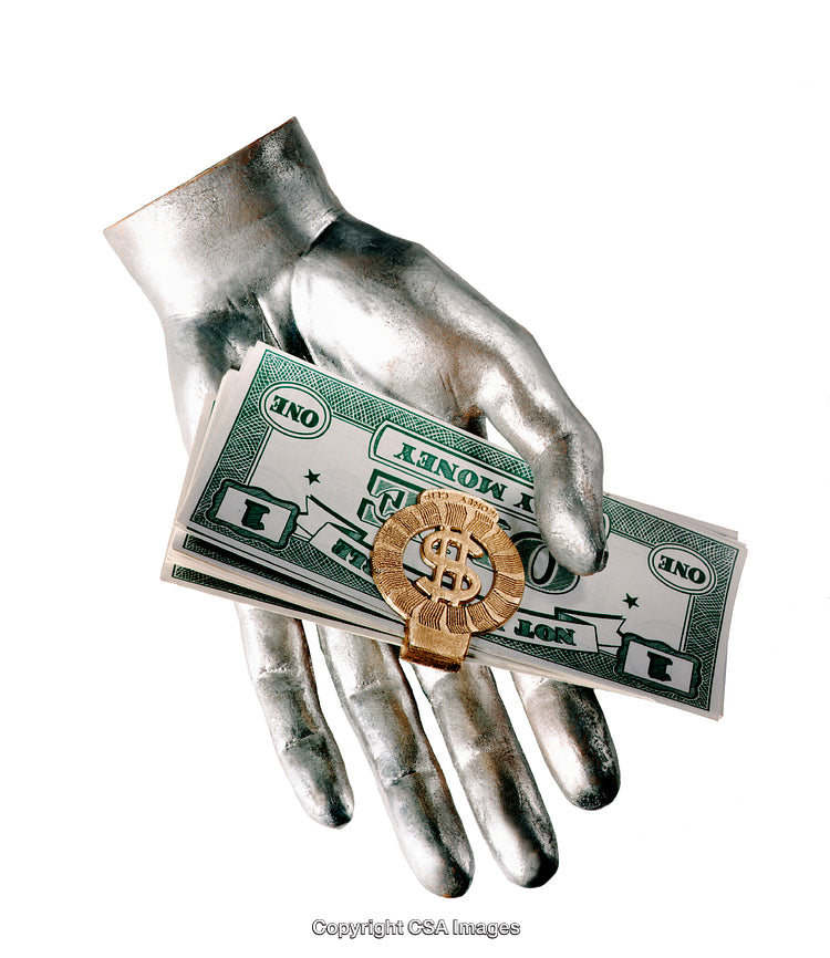 Metallic Hand Holding Dollar Bills with Golden Money Clip on White