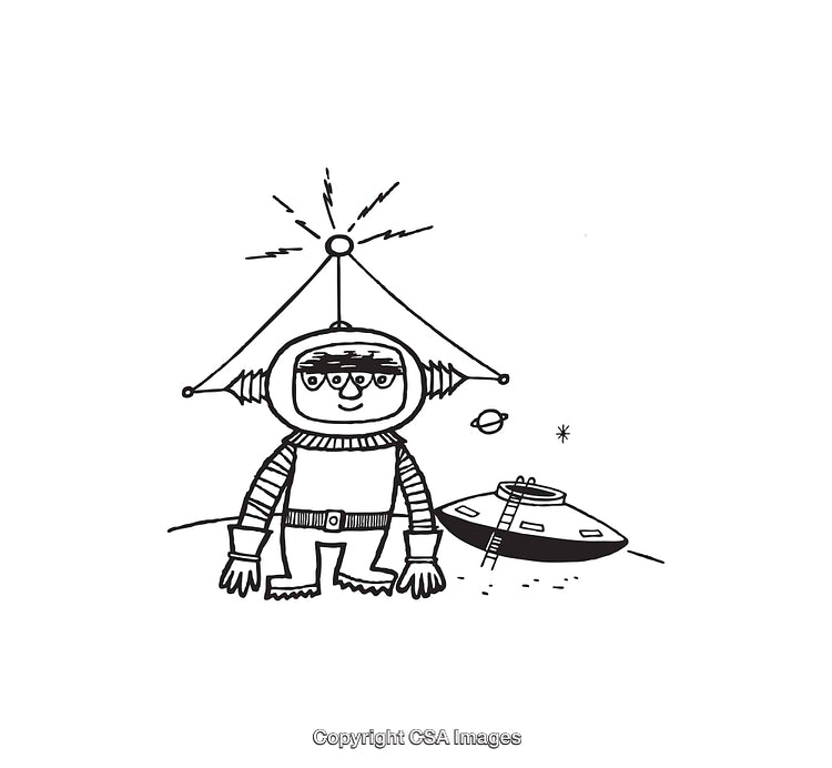 Black and White Illustration of an Astronaut With Spaceship on a Planet