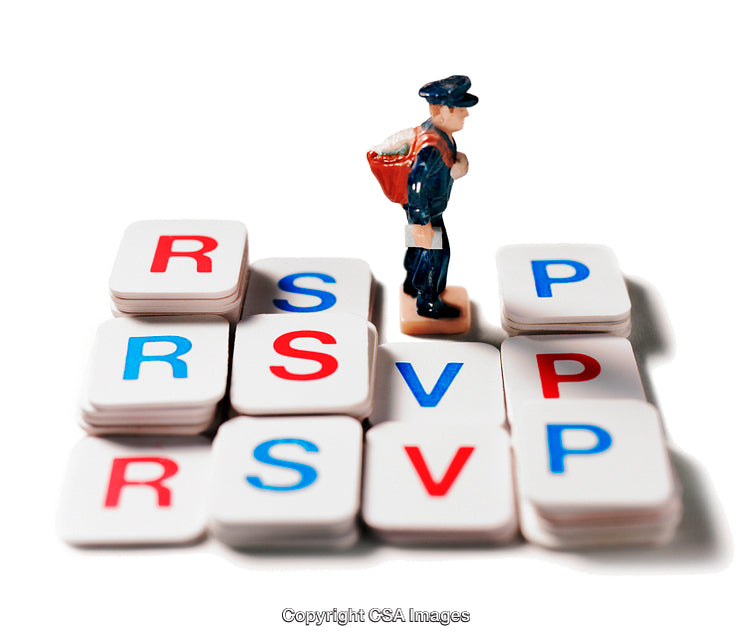 Miniature Figurine Postman with RSVP Letters on White Background