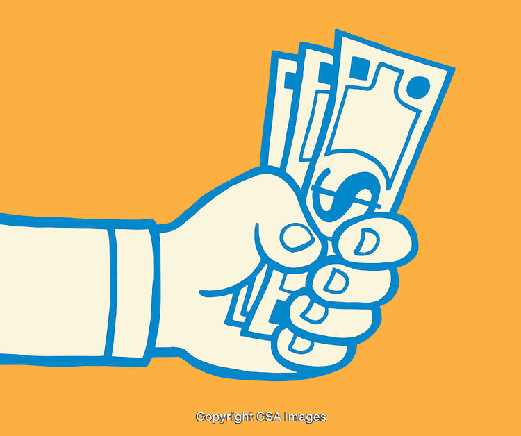 Creative Line Art Illustration of Hand Holding Paper Money with Orange Background