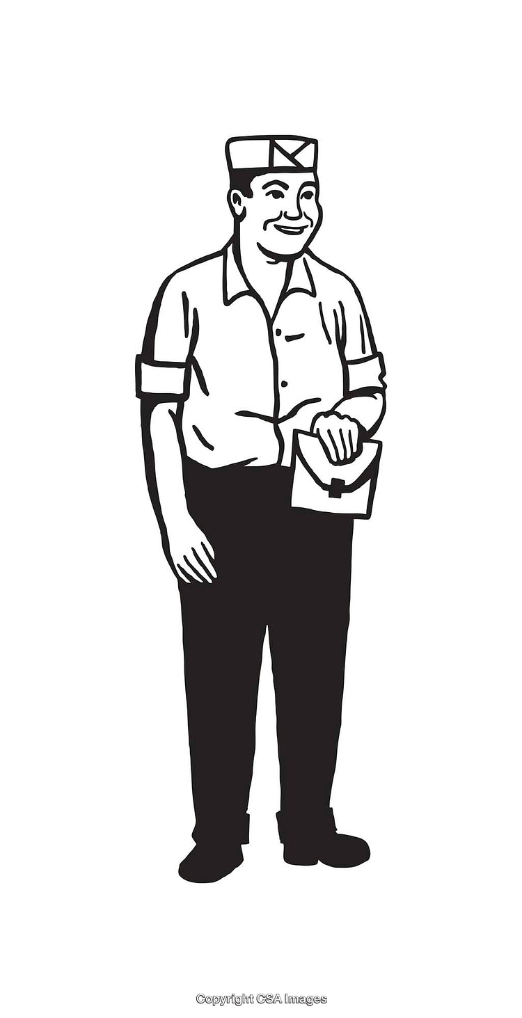 Black and White Line Art Illustration of a Smiling Mail Carrier