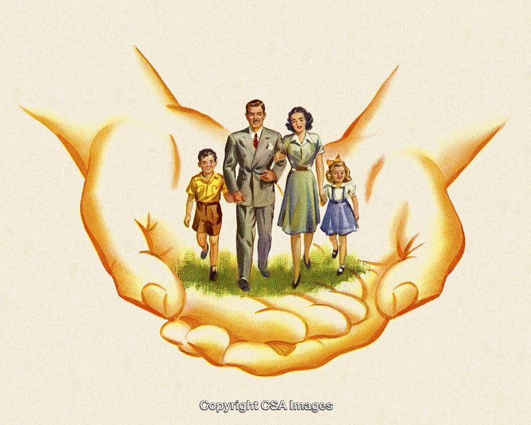 Vintage Illustration of a Family Held in Protective Caring Hands