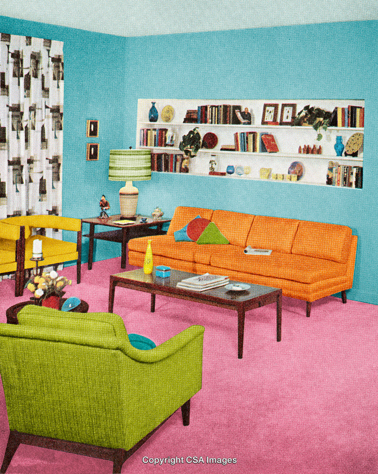 Retro Living Room Featuring Vibrant Furniture and Mid-Century Modern Decor
