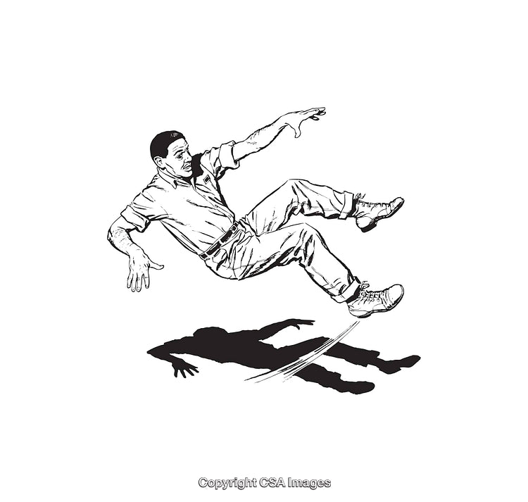 Black and White Illustration of a Man Falling with Shadow Play