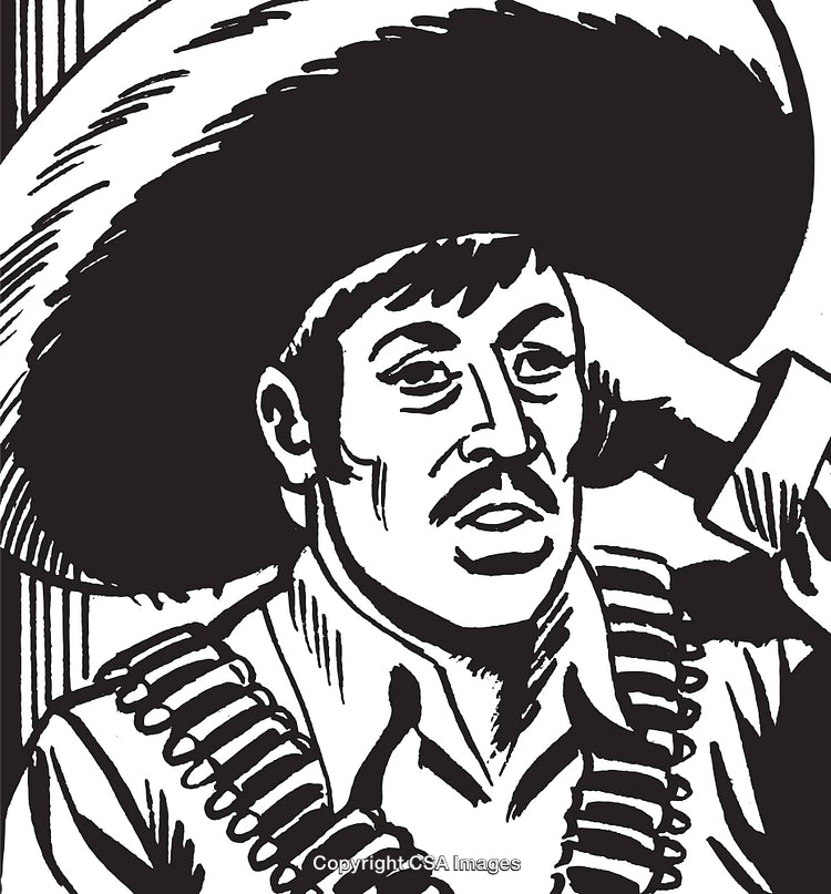 Black-and-White Illustration of a Traditional Character in a Sombrero