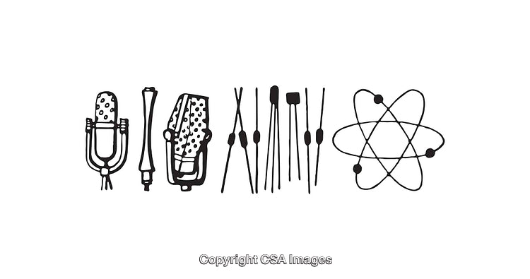 Black and White Line Art Illustrations of Microphones and Science Theme
