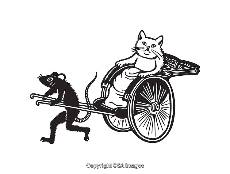 Black and White Illustration of a Cat in a Rickshaw Pulled by a Mouse