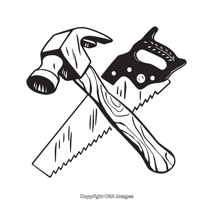 Black And White Line Art of Tools Featuring Hammer and Saw