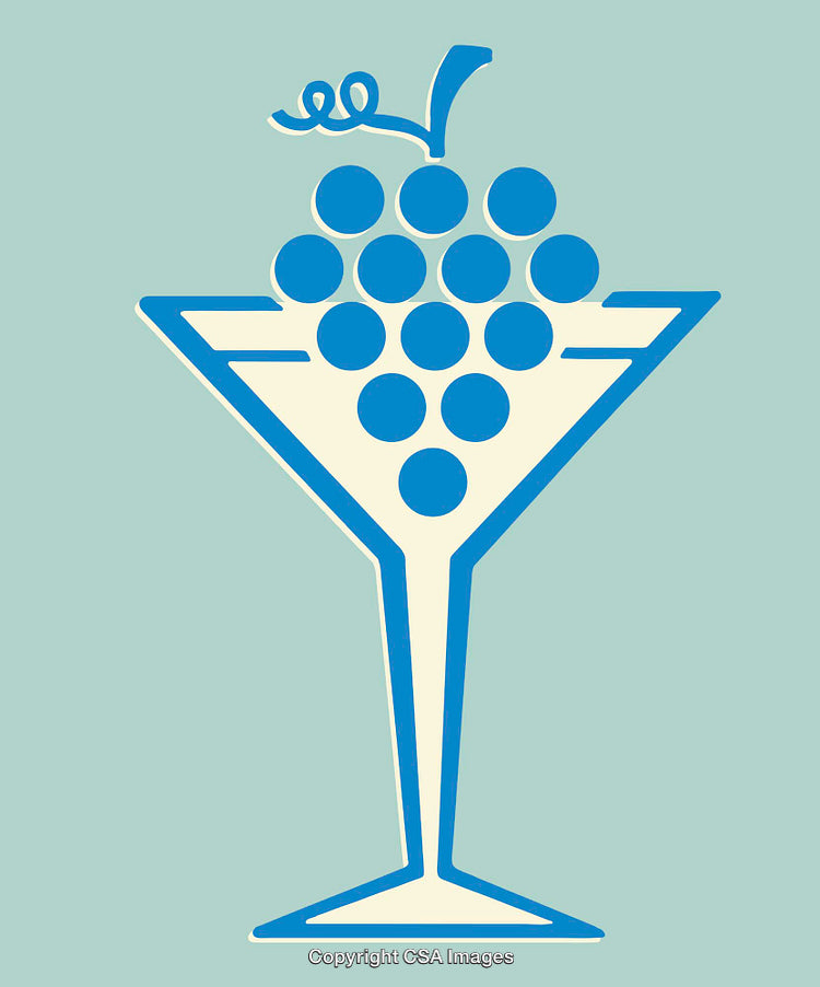 Stylized Illustration of a Martini Glass With Grapes in Blue and Beige