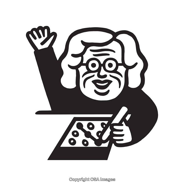 Black and White Line Art of a Scientist Illustrating a Diagram