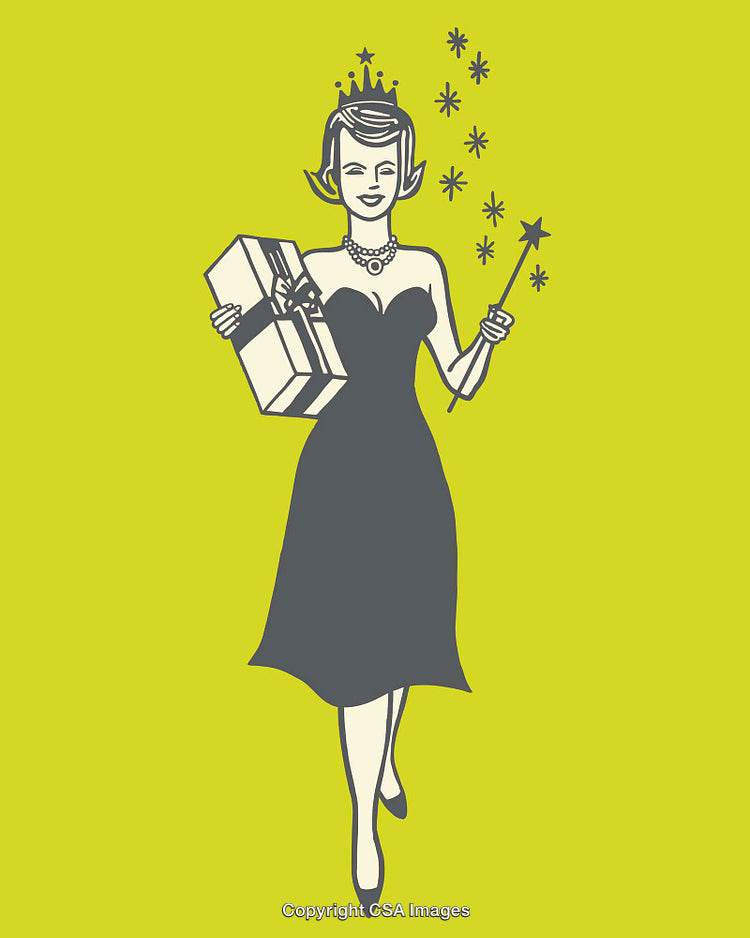 Illustration of a Woman With Wand and Gifts on Yellow Background