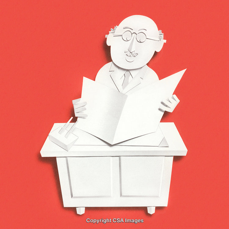 Paper Craft Businessman Seating at Desk with Documents Against Red Background
