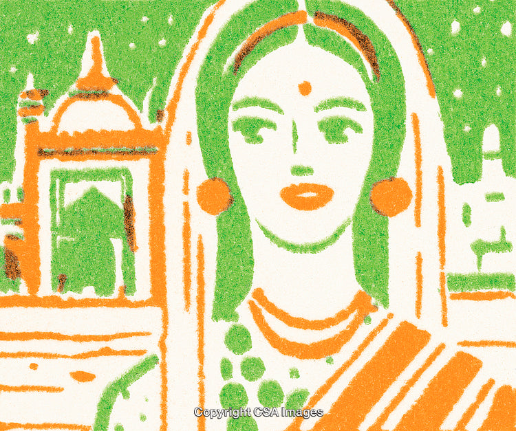 Traditional Woman Illustration with Cultural Elements and Monumental Backdrop