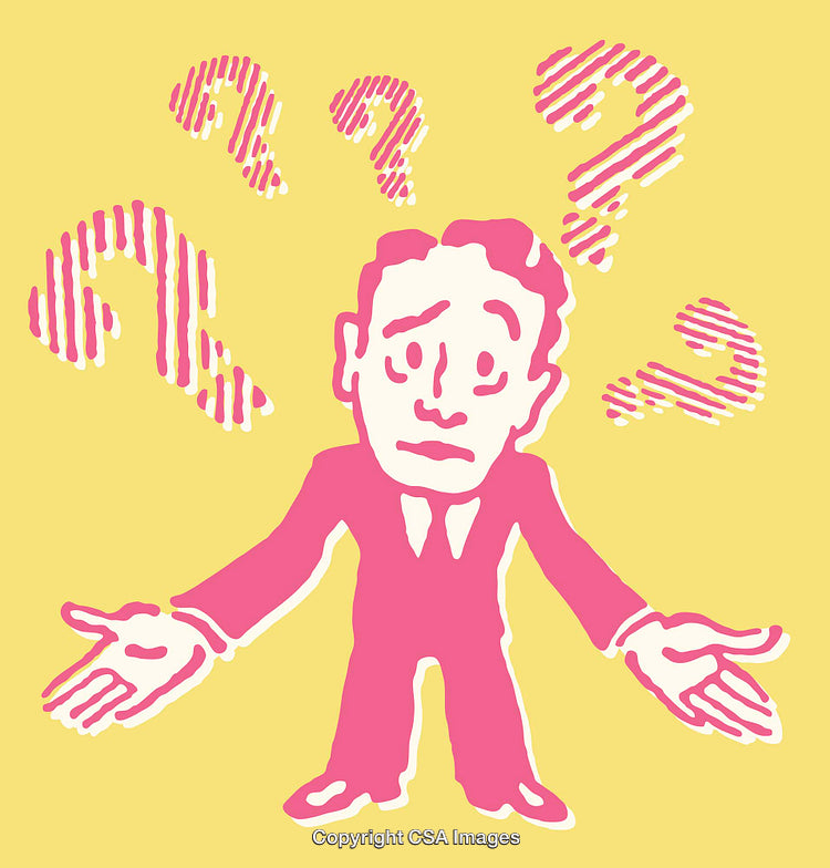 Colorful Illustration Depicting a Confused Person Surrounded by Question Marks