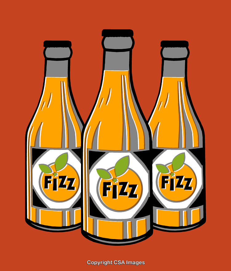 Illustration of Three Bottles of Orange-Flavored Soda Against Orange Background