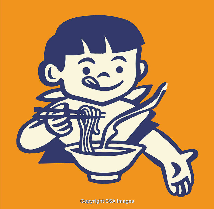 Playful Illustration of Child Enjoying a Bowl of Noodles with Chopsticks
