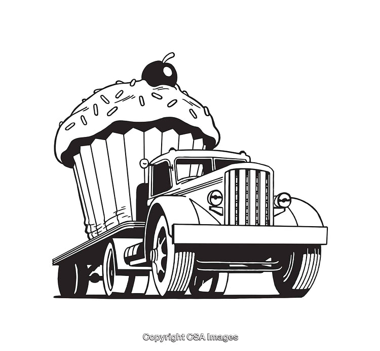 Vintage Truck Carrying a Giant Cupcake in Retro Line Art Style