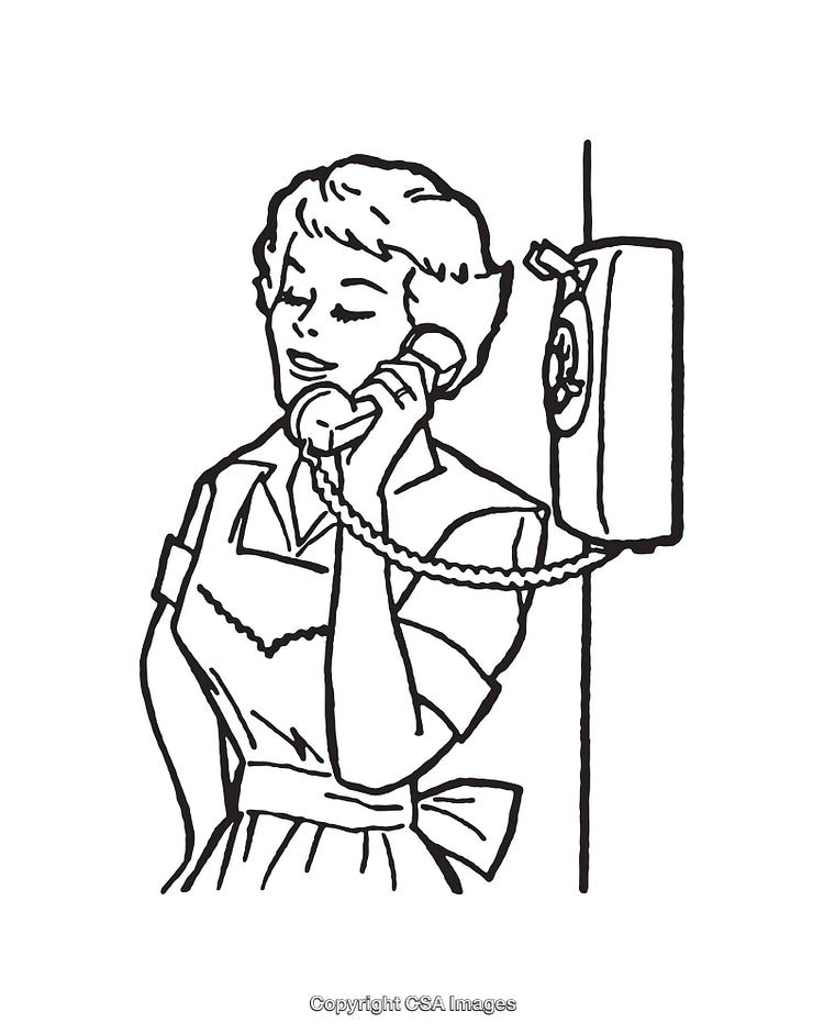 Vintage Line Art Illustration of a Woman Using a Rotary Phone