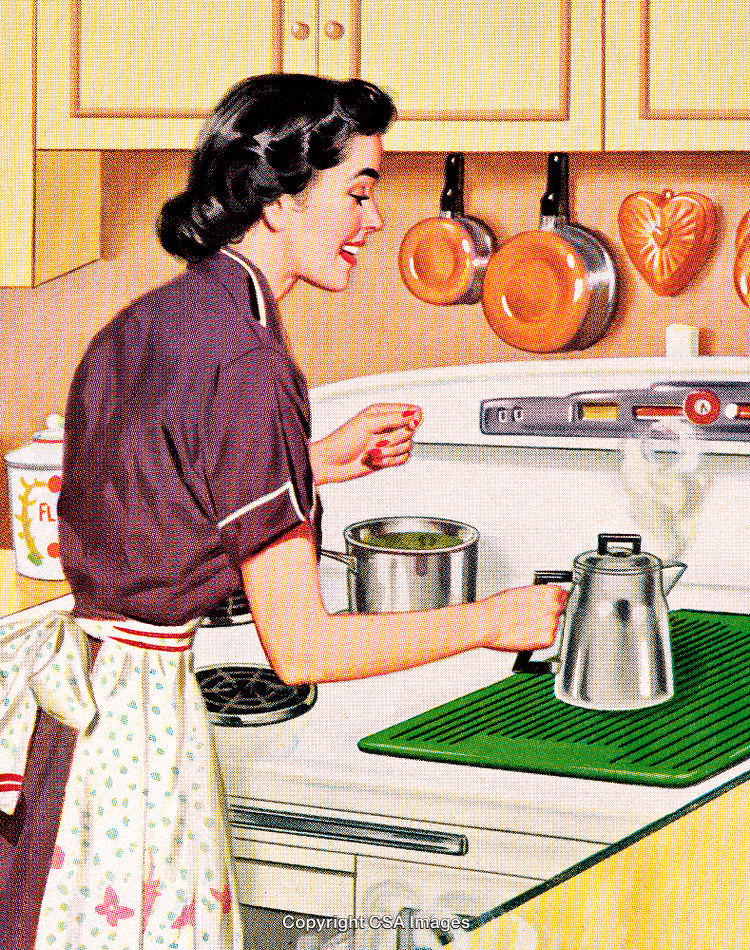 Retro Kitchen Scene with Woman Cooking on Stovetop in Apron