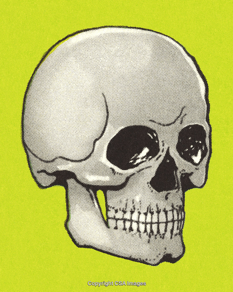 Black and White Skull Illustration on Bright Green Background
