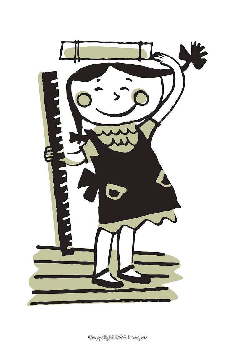 Illustration of a Young Girl Measuring Height with a Book and Ruler