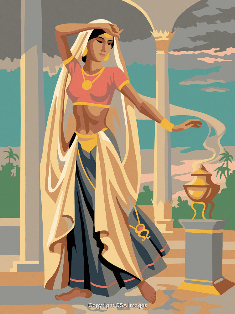 Elegant Woman in Traditional Attire with Decorative Background Art