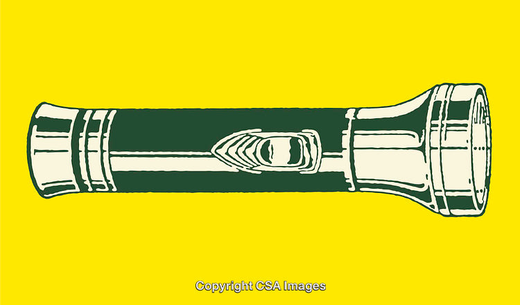 Green and Yellow Retro Flashlight Illustration in Vintage Color Line Art Style