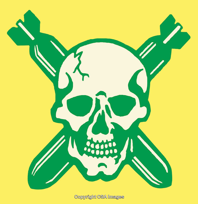 Green Skull With Crossed Bombs on a Vibrant Yellow Background