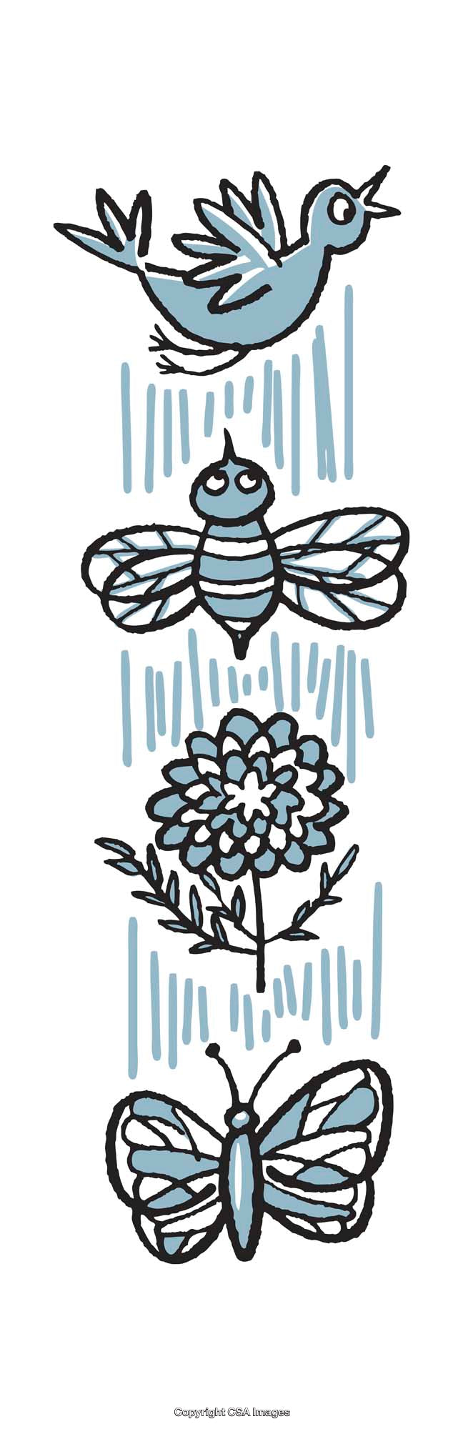 Colorful Illustrated Nature Scene with Bird, Bee, Butterfly, and Flower