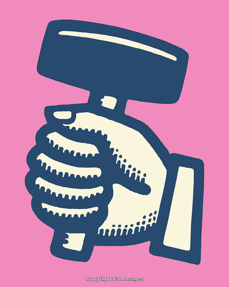 Retro Style Graphic of a Hand Holding a Hammer on Pink Background