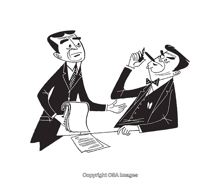 Vintage Black and White Illustration of a Business Interaction at a Desk