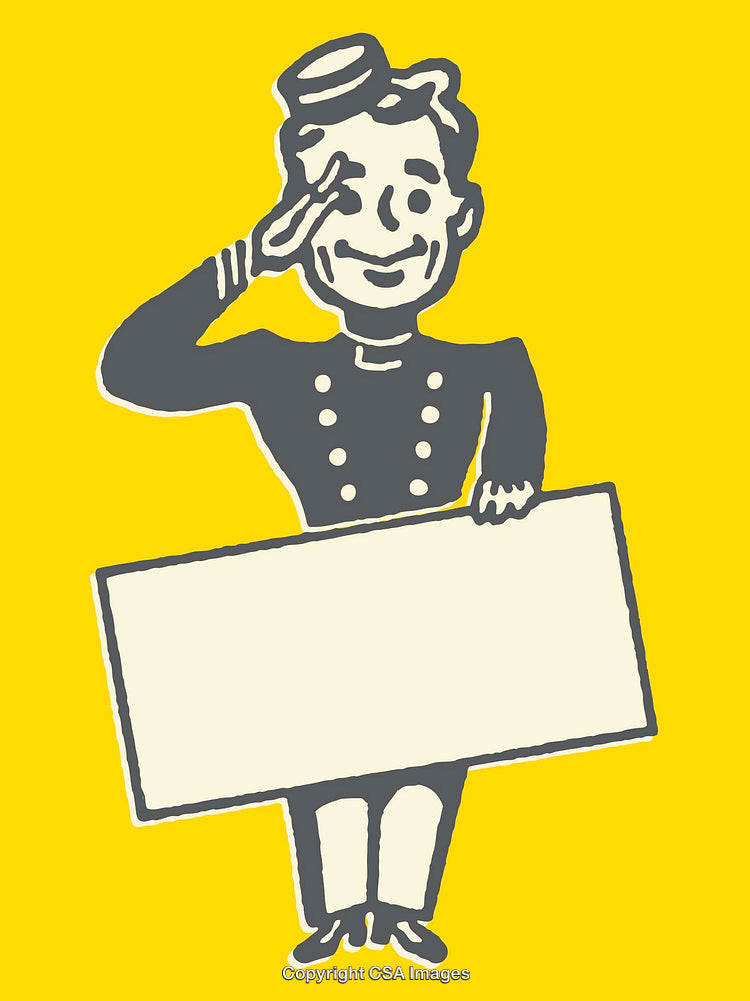 Retro Illustration of a Uniformed Porter Holding a Blank Sign