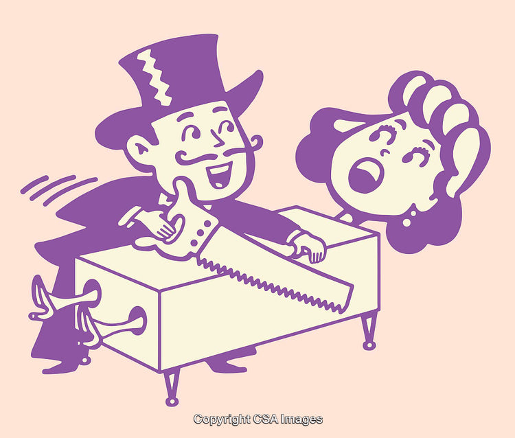 Vintage Illusionist Performing Classic Magic Act with a Sawing Trick