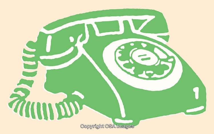 Green Retro Rotary Phone Illustration on a Beige Background in Line Art Style