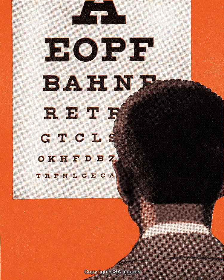 Man Taking Vision Test with Eye Chart on Vibrant Background