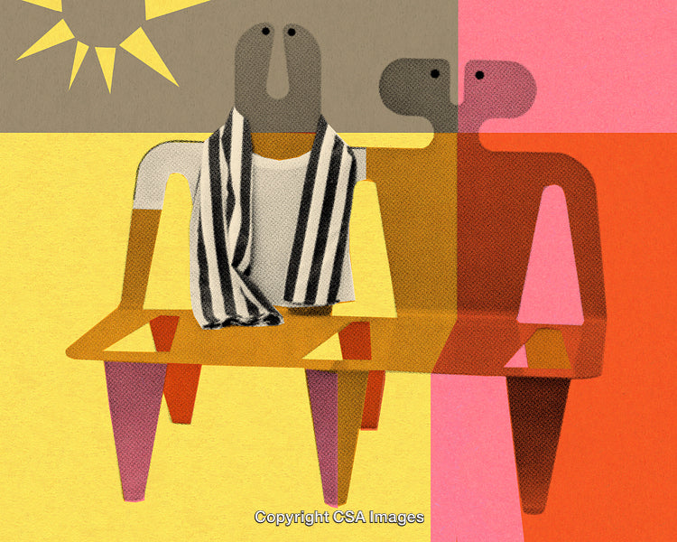 Colorful Abstract Illustration of Two Figures Sitting on a Bench