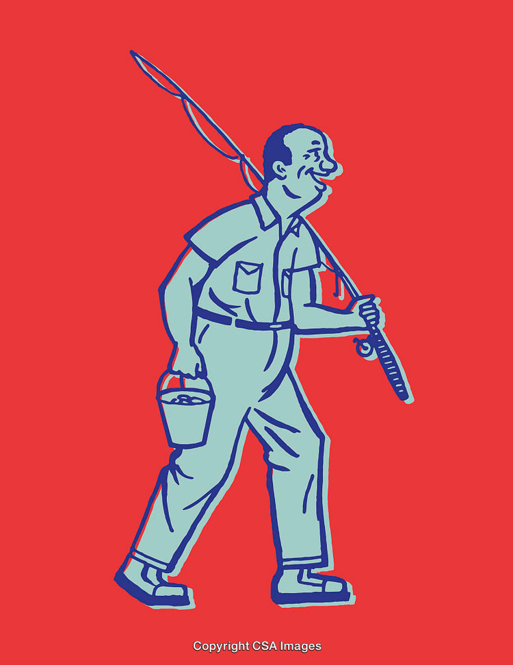 Colorful Line Art of a Fisherman Walking With Fishing Equipment