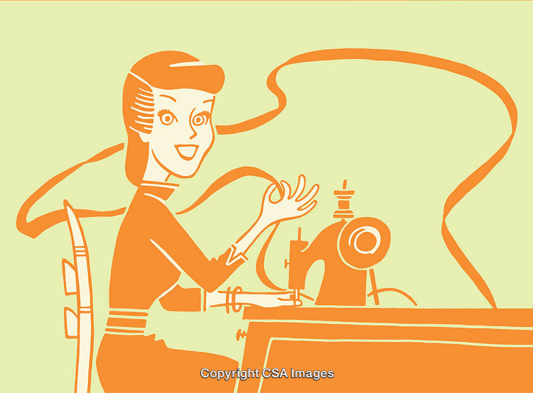 Retro-Style Illustration of Woman Sewing on a Machine in Warm Tones
