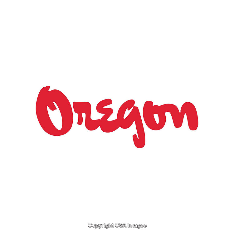 Red Oregon Text Logo in a Unique Script Typeface on White Background