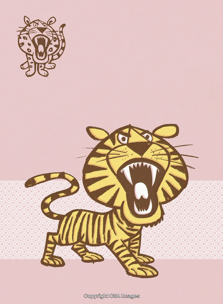 Playful Cartoon Tiger Illustration With Roaring Face On a Pink Background