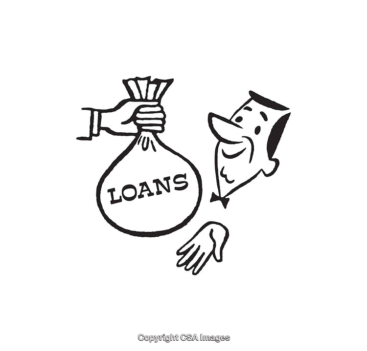 Retro Black and White Illustration Representing Loans and Financial Transactions