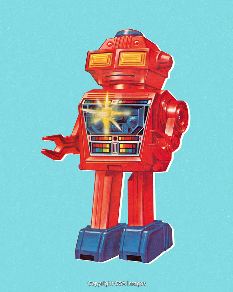 Vintage Red Robot Illustration with Retro Aesthetic Isolated on Blue Background