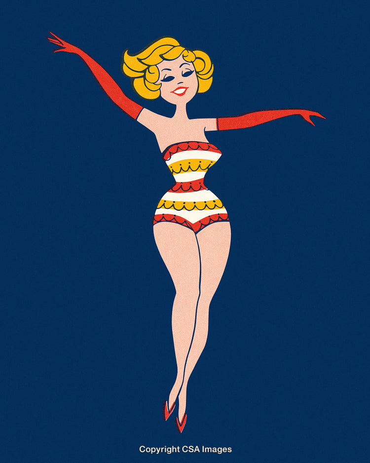 Retro Style Pin-Up Woman Illustration in Bold Colors on Blue Background
