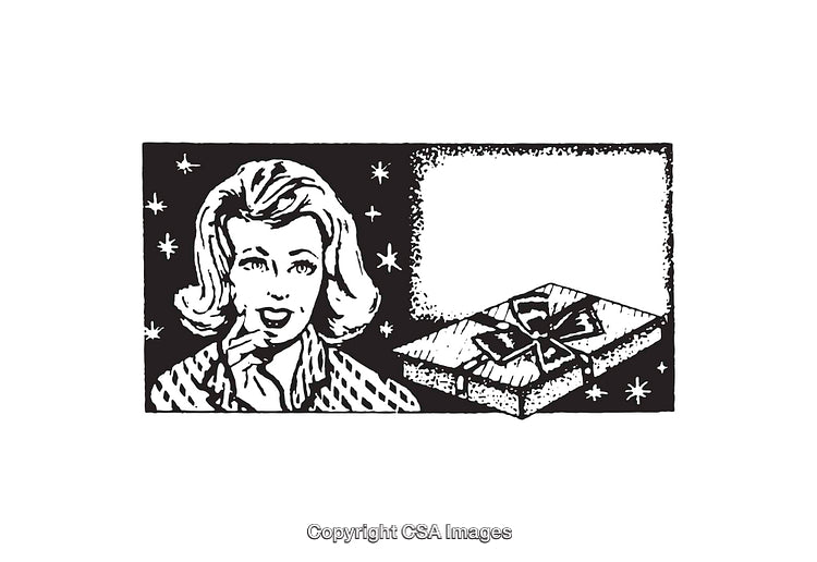 Retro Black and White Illustration of Woman with Gift Decoration