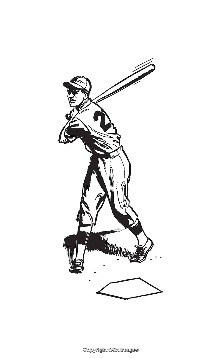 Vintage Line Art Illustration of a Baseball Player Swinging Bat