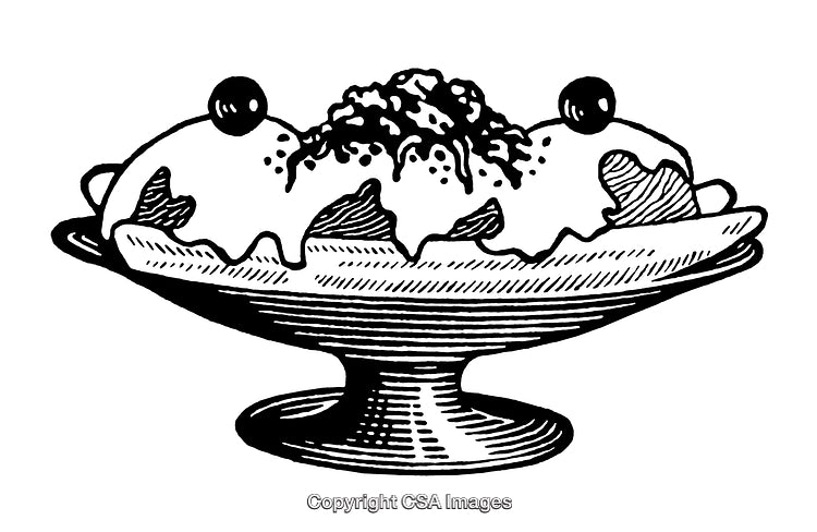 Vintage Illustration of a Banana Split Dessert in Black and White