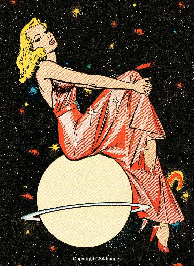 Vintage Sci-Fi Illustration of a Glamorous Woman in Outer Space
